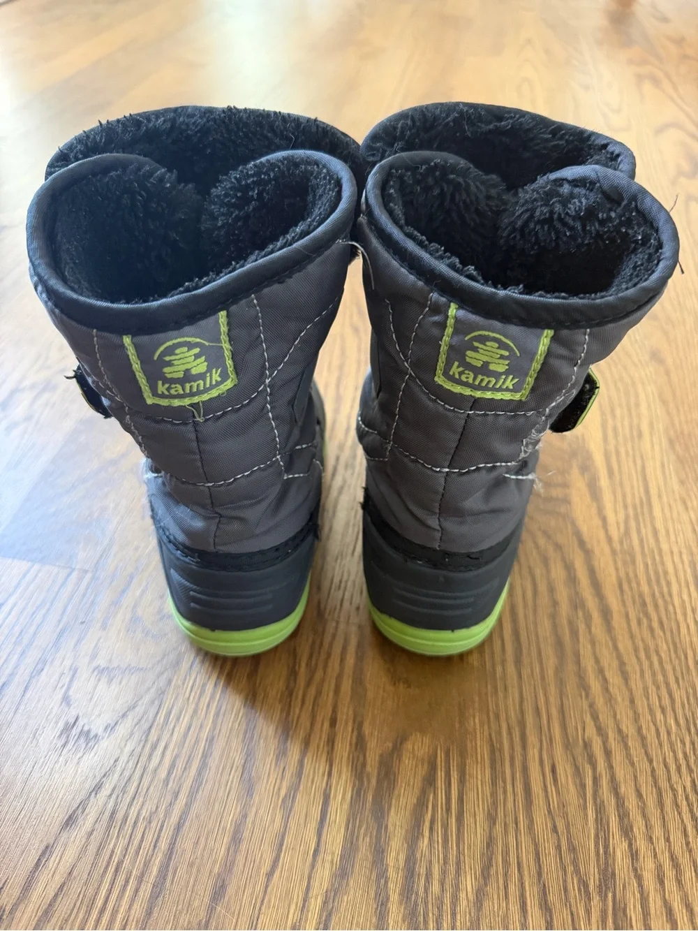 Kamik Snowbug 5 insulated winter boots in grey and lime green, toddler size 10